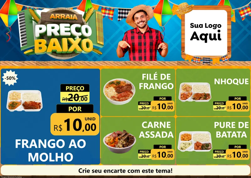 Modelo de Encarte para Encarte A4 Horizontal com o tema Arraiá de Preço Baixo - Junina para Restaurante
