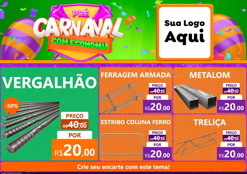 Modelo de Encarte para Encarte A4 Horizontal com o tema Pré-Carnaval Com Economia para Ferragens