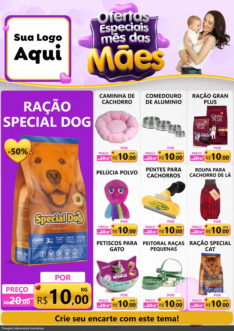 Modelo de Encarte para Encarte A4 Vertical com o tema Ofertas Especiais - Mês das Mães para Pet Shop