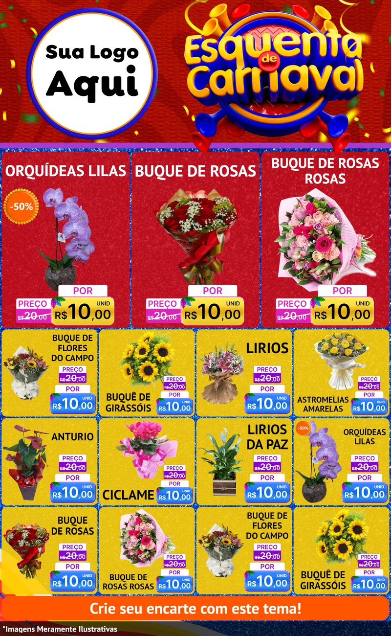 Modelo de Encarte para Encarte Grande com o tema Esquenta de Carnaval para Floricultura e jardim