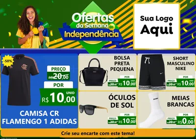 Modelo de Encarte para Encarte A4 Horizontal com o tema Ofertas da Semana da Independência para Roupas e acessórios
