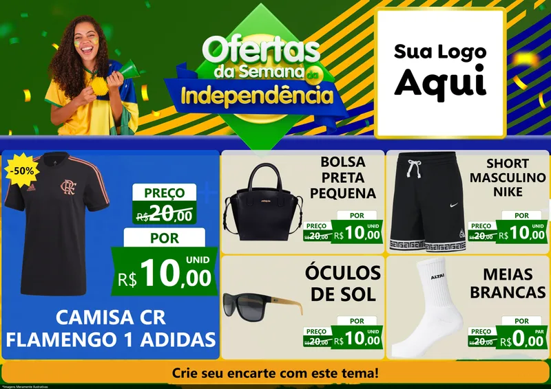 Modelo de Encarte para Encarte A4 Horizontal com o tema Ofertas da Semana da Independência para Roupas e acessórios