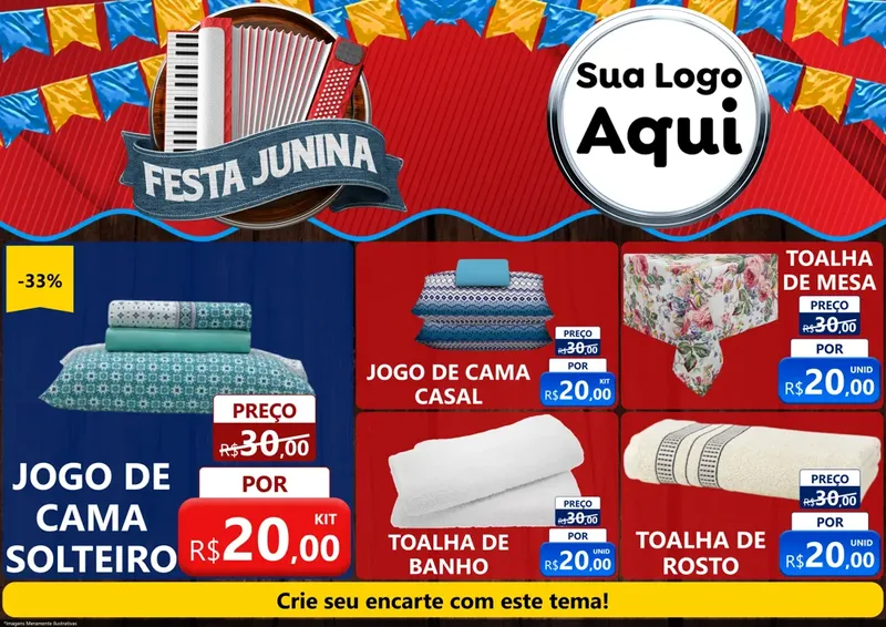 Modelo de Encarte para Encarte A4 Horizontal com o tema Festa Junina para Cama, Mesa e Banho