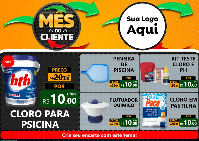 Modelo de Encarte para Encarte A4 Horizontal com o tema Mês do Cliente para Produtos para Piscina