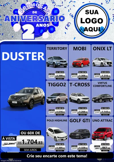 Modelo de Encarte para Encarte A4 Vertical com o tema Promoção de Aniversário - 2 Anos para Concessionaria de Carros