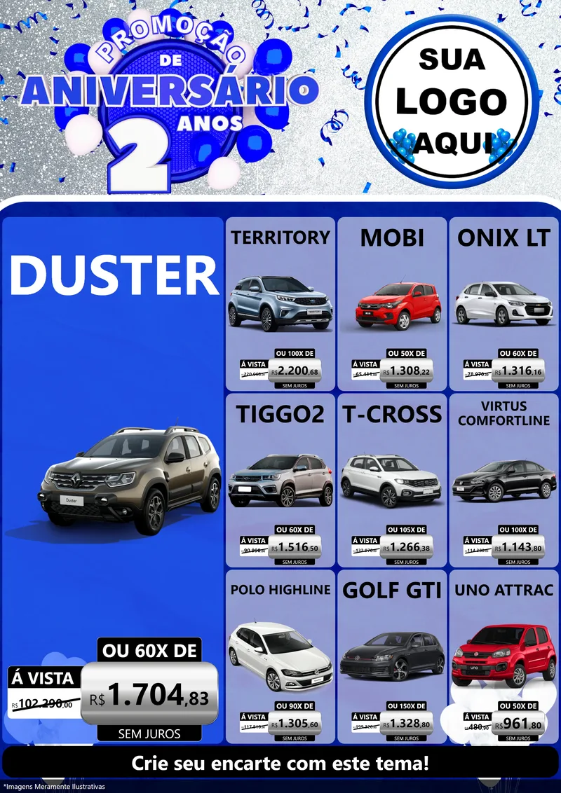 Modelo de Encarte para Encarte A4 Vertical com o tema Promoção de Aniversário - 2 Anos para Concessionaria de Carros