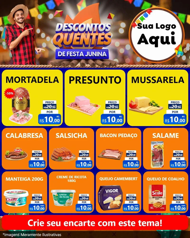Modelo de Rede Social para Feed Instagram com o tema Descontos Quentes de Festa Junina para Frios e Laticínios