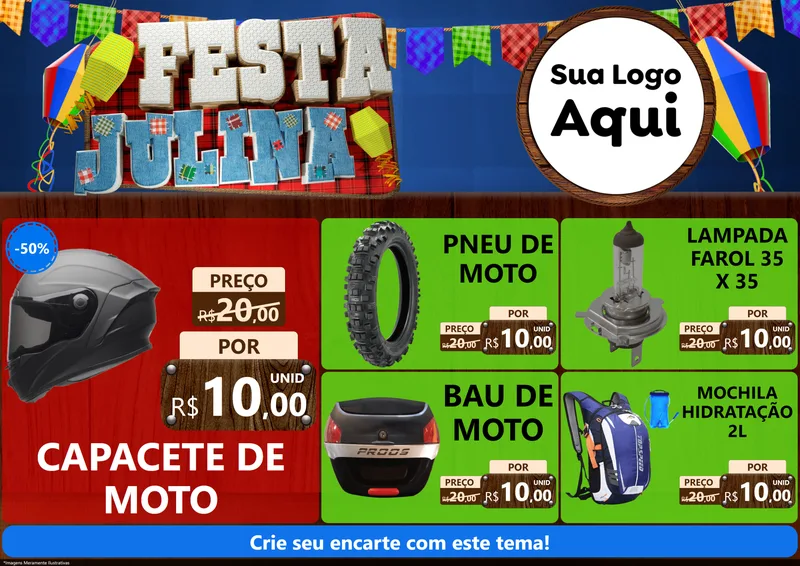 Modelo de Encarte para Encarte A4 Horizontal com o tema Festa Julina para Moto peças