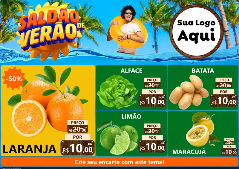 Modelo de Encarte para Encarte A4 Horizontal com o tema Saldão de Verão para Hortifrúti