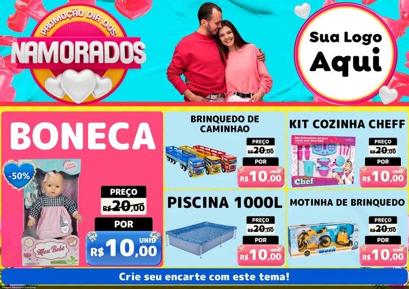 Modelo de Encarte para Encarte A4 Horizontal com o tema Promoção Dia dos Namorados para Brinquedos