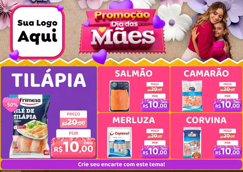 Modelo de Encarte para Encarte A4 Horizontal com o tema Promoção Dia das Mães para Peixaria