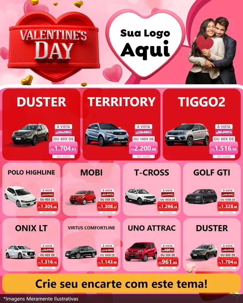 Modelo de Rede Social para Feed Instagram com o tema Valentine's Day para Concessionaria de Carros