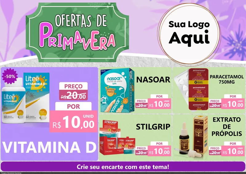 Modelo de Encarte para Encarte A4 Horizontal com o tema Ofertas de Primavera para Farmácia