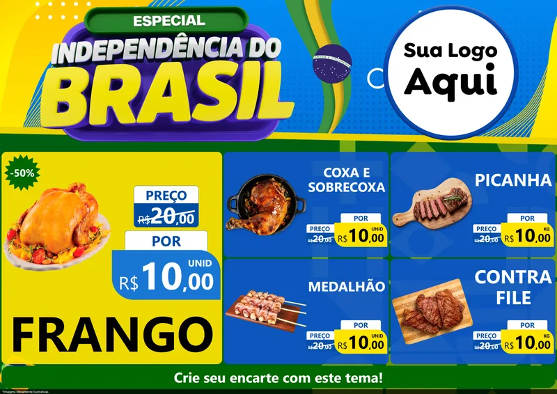Modelo de Encarte para Encarte A4 Horizontal com o tema Especial Independência do Brasil para Assados