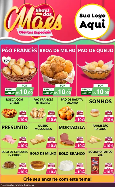 Modelo de Encarte para Encarte Grande com o tema Show das Mães - Ofertas Especiais para Padaria