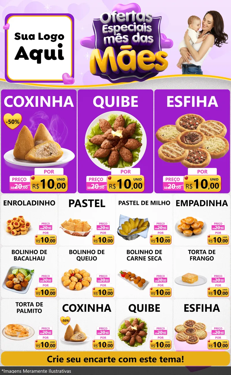 Modelo de Encarte para Encarte Grande com o tema Ofertas Especiais - Mês das Mães para Salgadaria