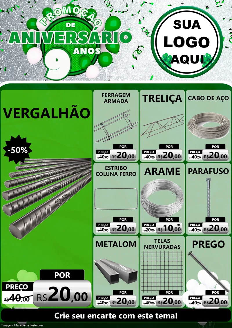 Modelo de Encarte para Encarte A4 Vertical com o tema Promoção de Aniversário - 9 Anos para Ferragens