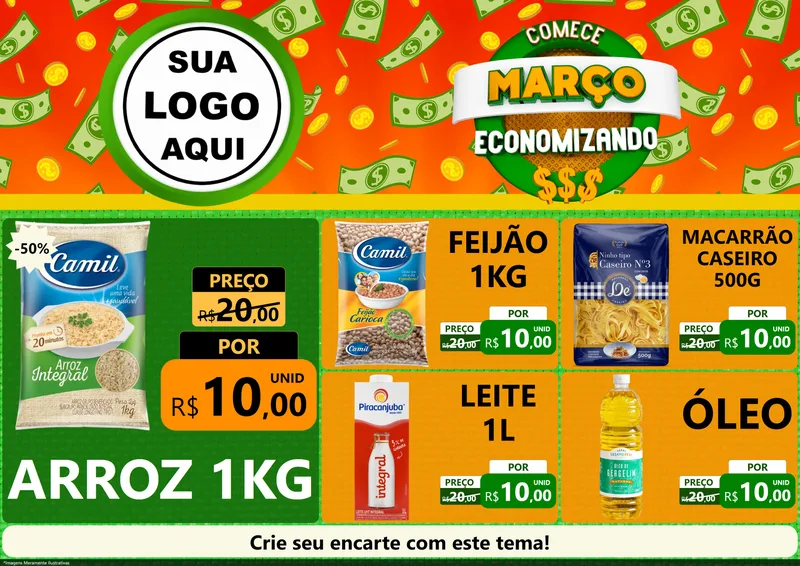 Modelo de Encarte para Encarte A4 Horizontal com o tema Comece Março Economizando para Supermercado