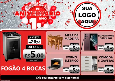 Modelo de Encarte para Encarte A4 Horizontal com o tema Promoção de Aniversário - 1 Ano para Móveis e Eletro