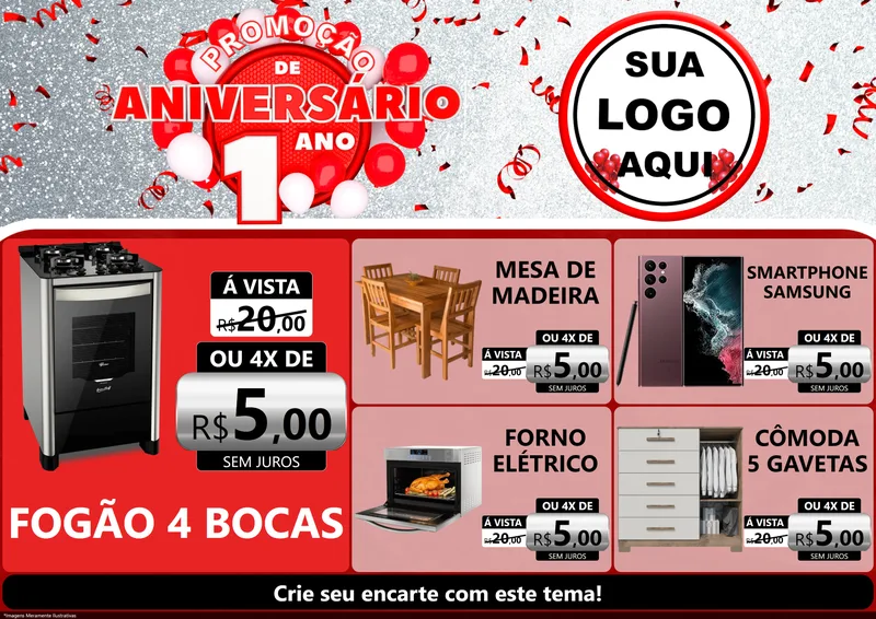Modelo de Encarte para Encarte A4 Horizontal com o tema Promoção de Aniversário - 1 Ano para Móveis e Eletro
