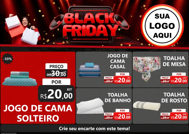 Modelo de Encarte para Encarte A4 Horizontal com o tema Black Friday para Cama, Mesa e Banho