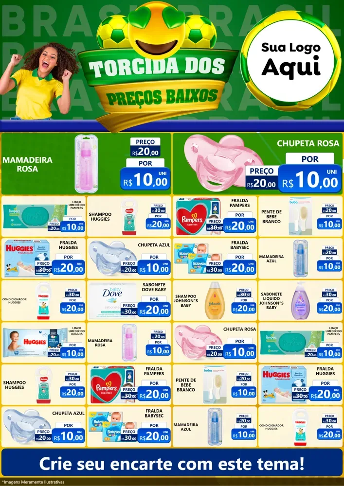 Modelo de Encarte para Encarte A4 Vertical com o tema Torcida dos Preços Baixos - Copa para Bebês