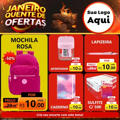 Modelo de Rede Social para Feed Facebook com o tema Janeiro Quente de Ofertas para Papelaria