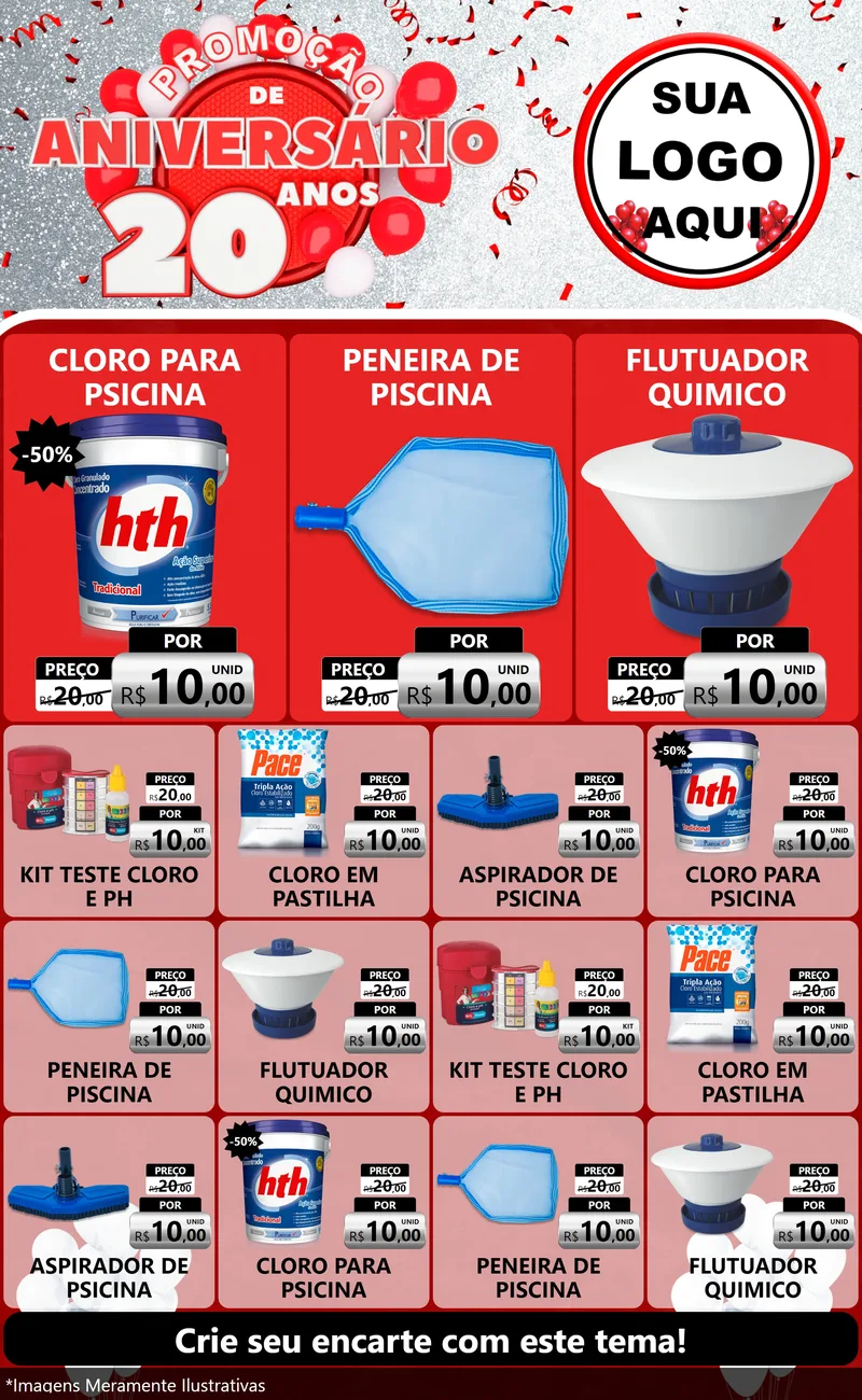 Modelo de Encarte para Encarte Grande com o tema Promoção de Aniversário - 20 Anos para Produtos para Piscina