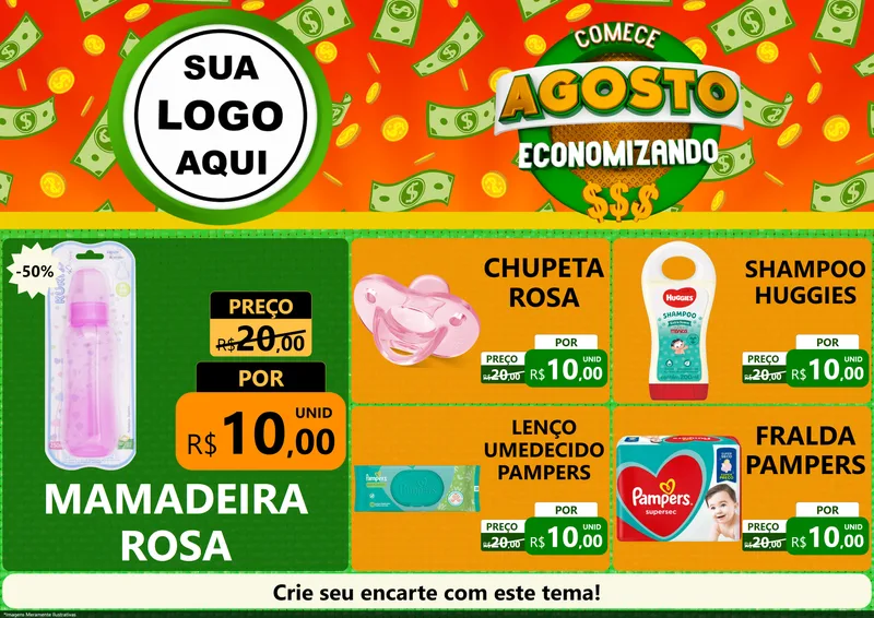 Modelo de Encarte para Encarte A4 Horizontal com o tema Comece Agosto Economizando para Bebês