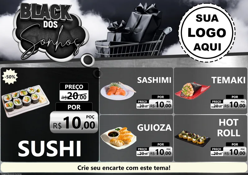 Modelo de Encarte para Encarte A4 Horizontal com o tema Black dos Sonhos para Comida japonesa