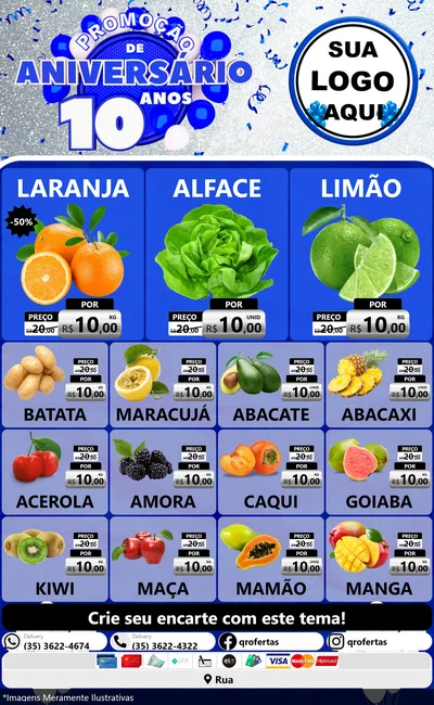Modelo de Encarte para Encarte Grande com o tema Promoção de Aniversário - 10 Anos para Hortifrúti