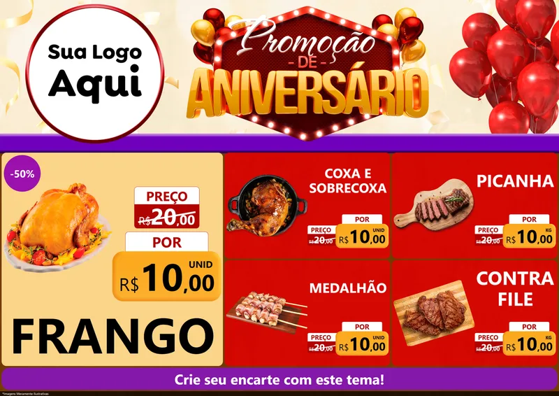 Modelo de Encarte para Encarte A4 Horizontal com o tema Promoção de Aniversário para Assados