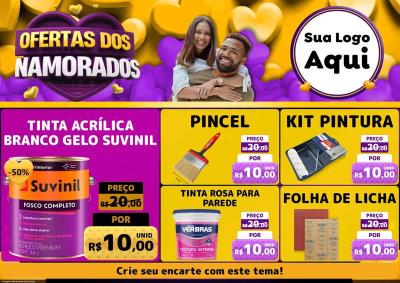 Modelo de Encarte para Encarte A4 Horizontal com o tema Oferta Dos Namorados para Tintas e Ferramentas