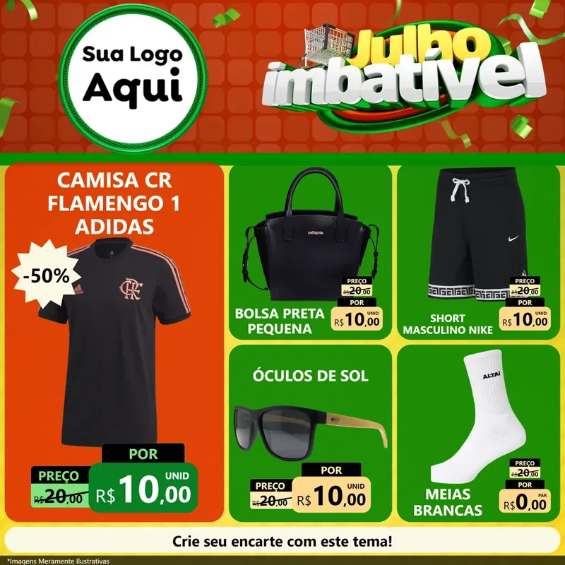 Modelo de Rede Social para Feed Facebook com o tema Julho Imbatível para Roupas e acessórios
