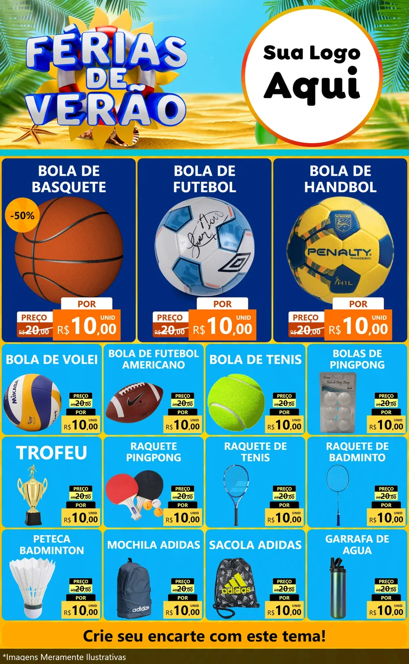 Modelo de Encarte para Encarte Grande com o tema Férias de Verão para Artigos Esportivos