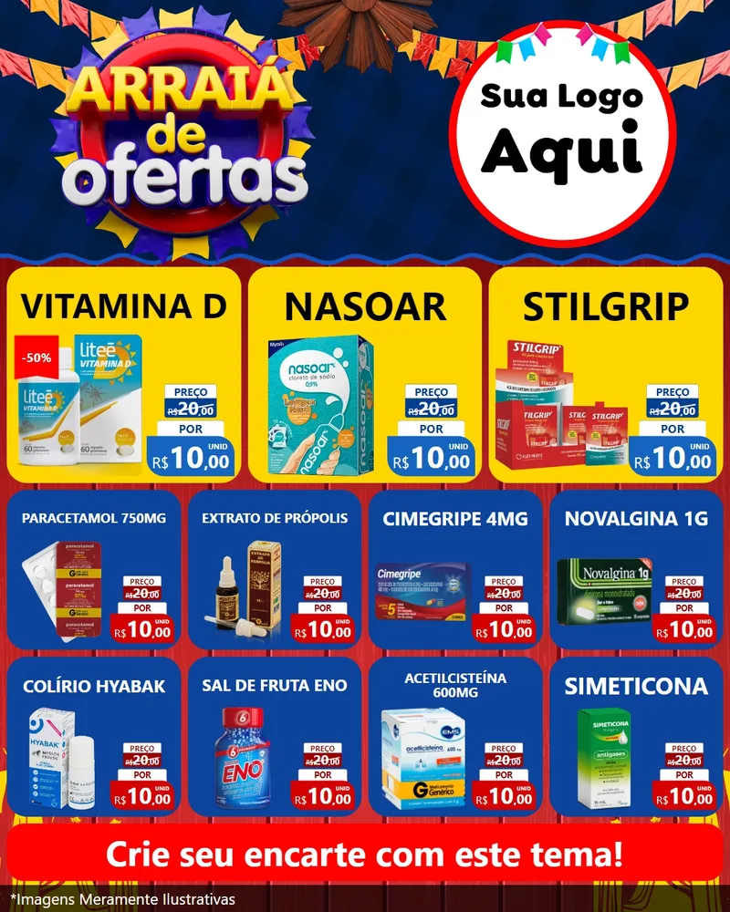 Modelo de Rede Social para Feed Instagram com o tema Arraiá de Ofertas para Farmácia