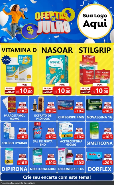 Modelo de Encarte para Encarte Grande com o tema Ofertas de Julho para Farmácia