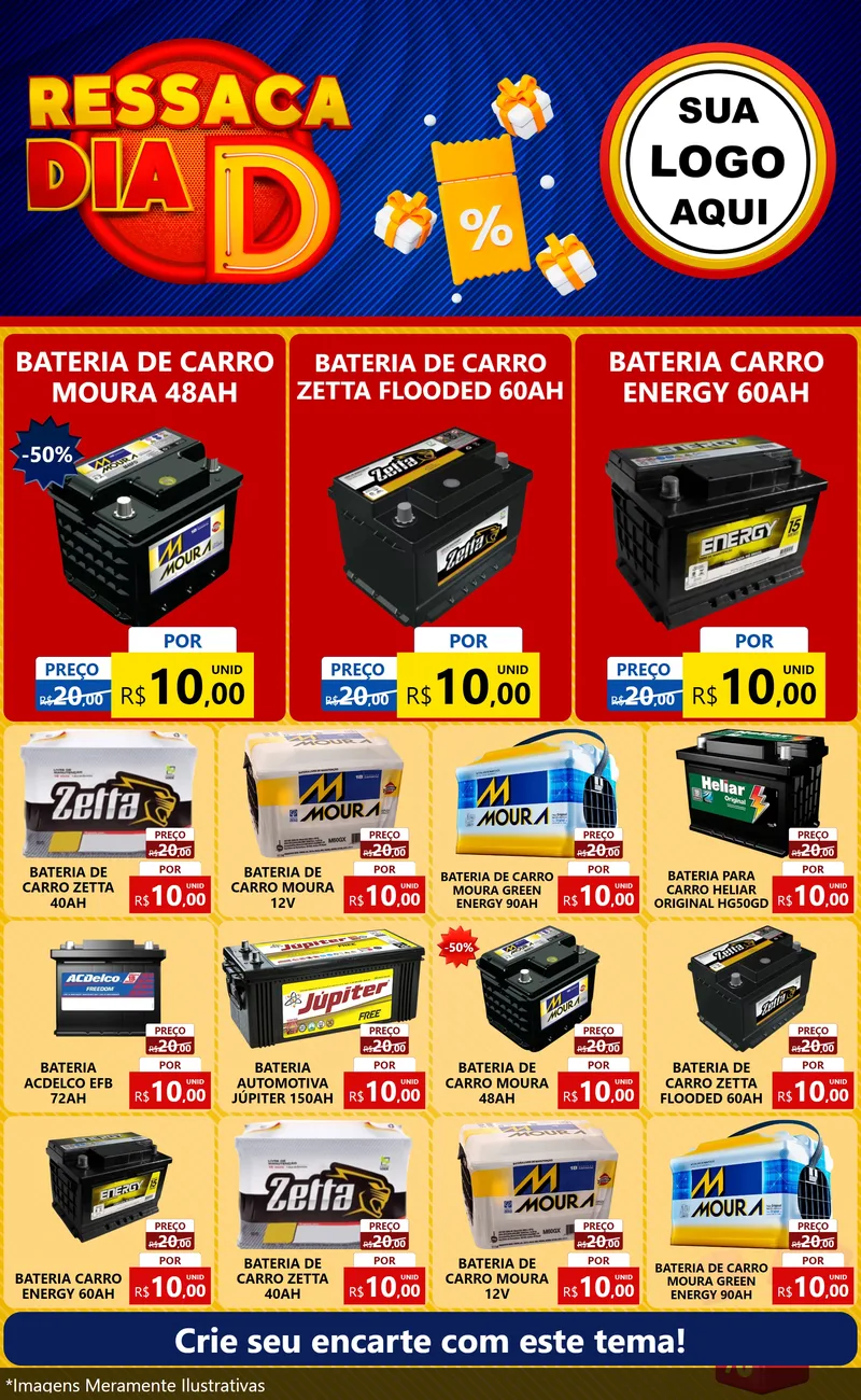 Modelo de Encarte para Encarte Grande com o tema Ressaca Dia D para Baterias Elétricas