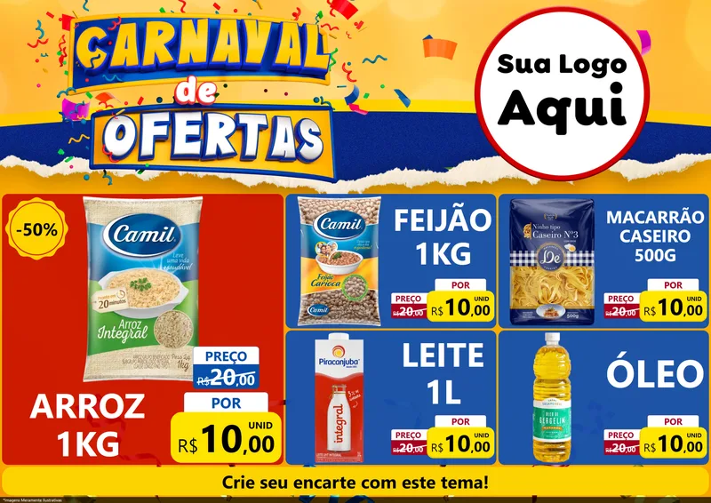 Modelo de Encarte para Encarte A4 Horizontal com o tema Carnaval de Ofertas para Supermercado