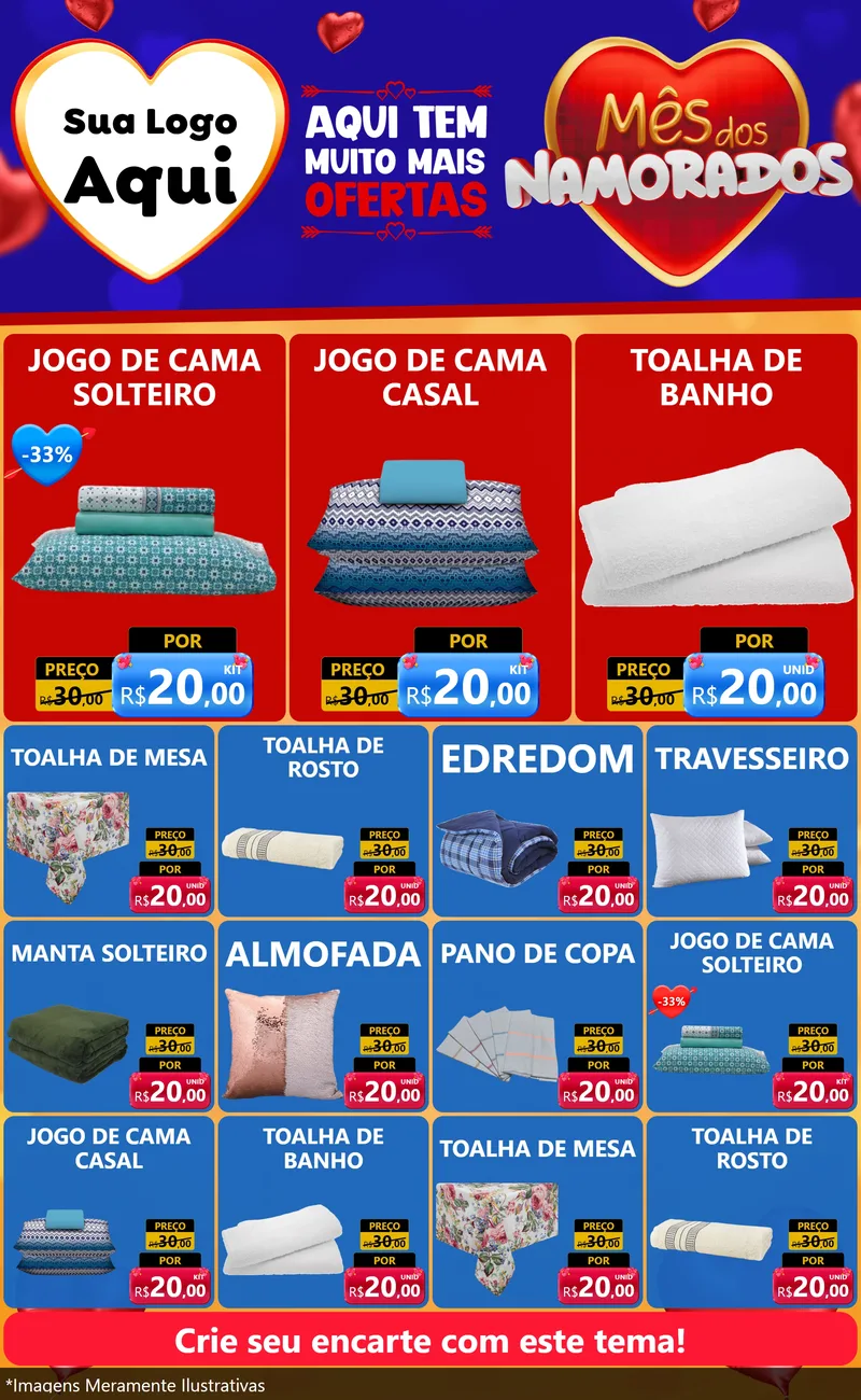 Modelo de Encarte para Encarte Grande com o tema Mês dos Namorados para Cama, Mesa e Banho