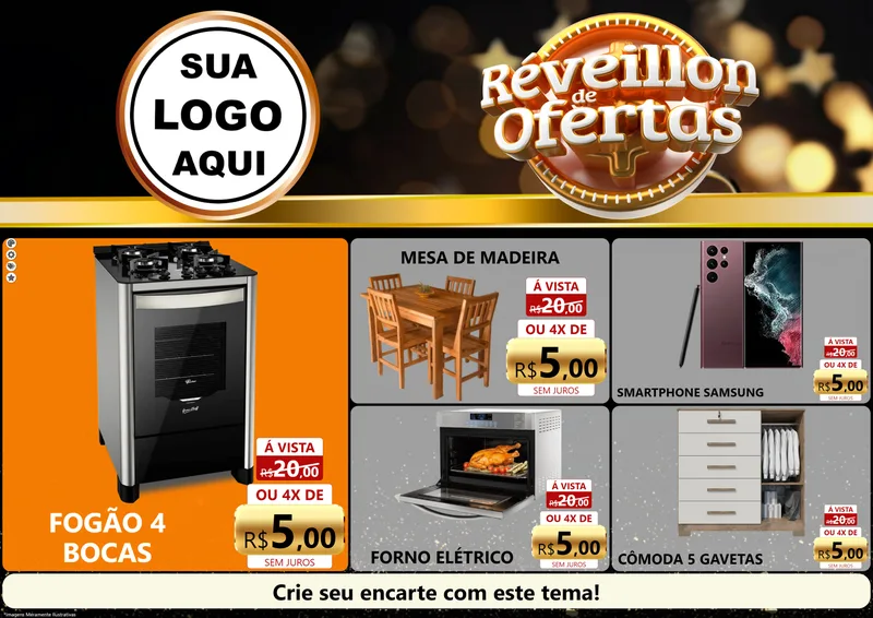 Modelo de Encarte para Encarte A4 Horizontal com o tema Réveillon de Ofertas para Móveis e Eletro