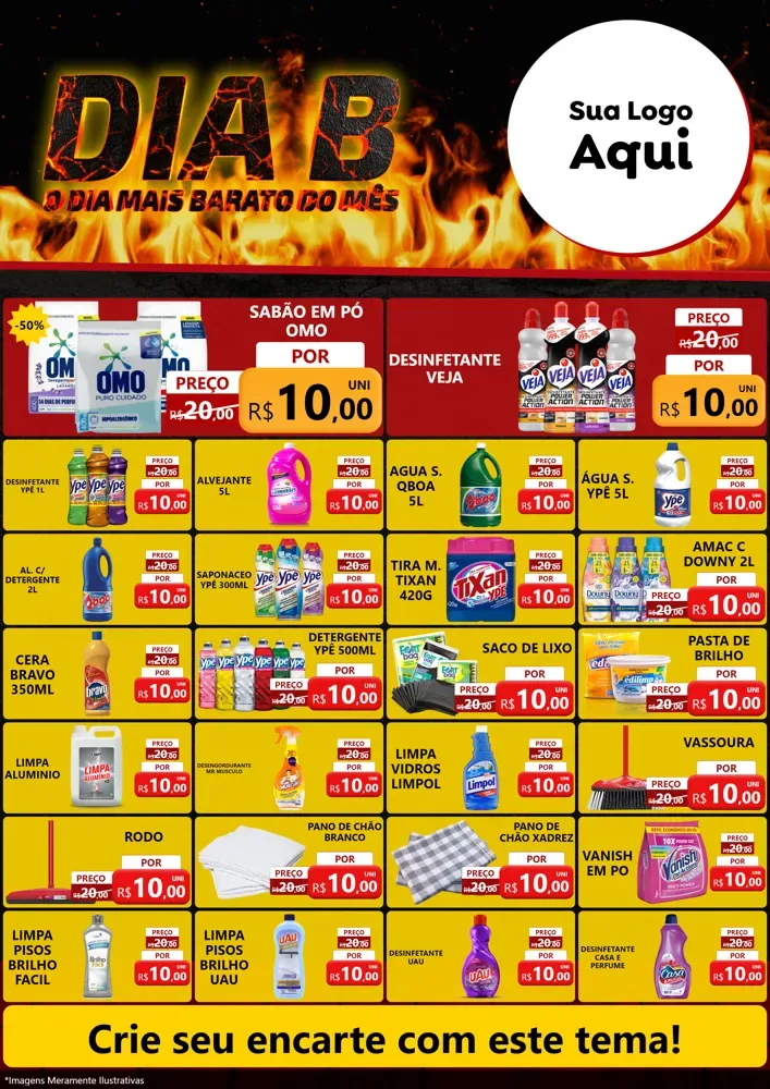 Modelo de Encarte para Encarte A4 Vertical com o tema Dia B para Produtos de Limpeza