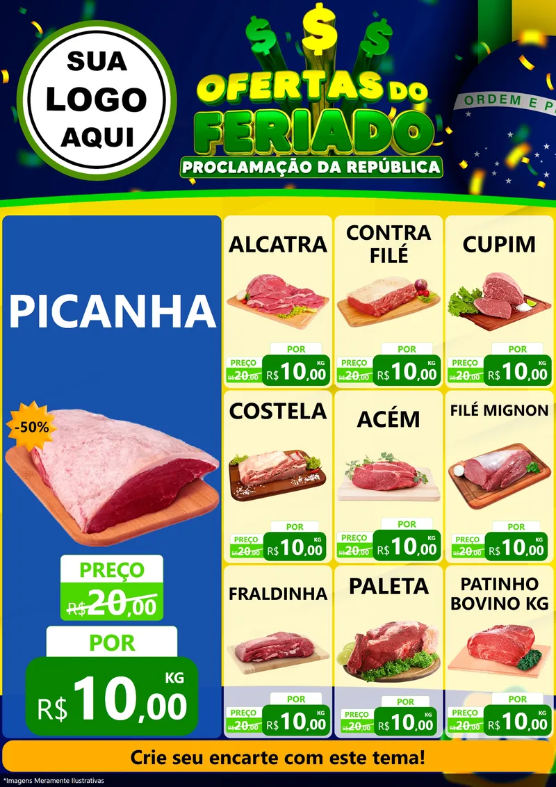 Modelo de Encarte para Encarte A4 Vertical com o tema Ofertas do Feriado - Proclamação da República para Açougue