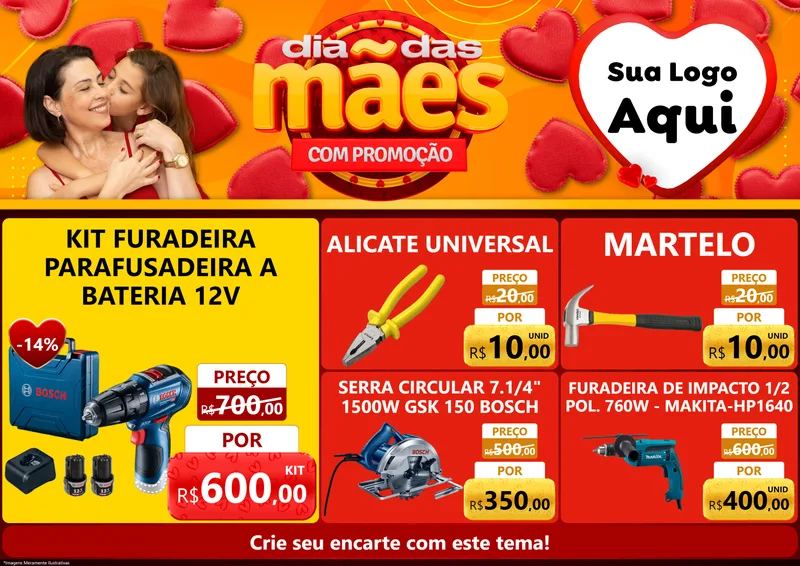 Modelo de Encarte para Encarte A4 Horizontal com o tema Dia das Mães com Promoção para Maquinas e Ferramentas