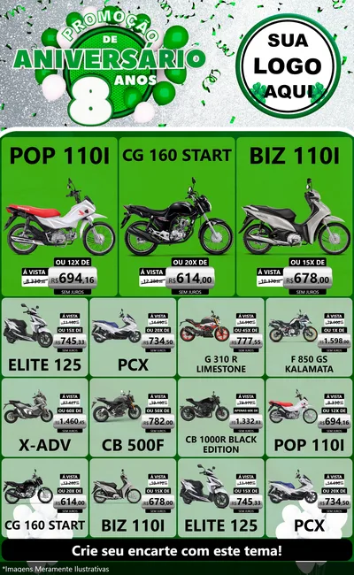 Modelo de Encarte para Encarte Grande com o tema Promoção de Aniversário - 8 Anos para Concessionaria de Motos