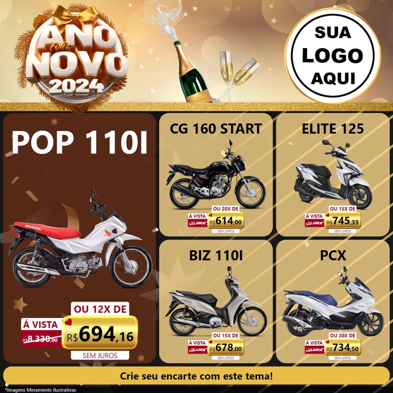Modelo de Rede Social para Feed Facebook com o tema Feliz Ano Novo 2027 para Concessionaria de Motos
