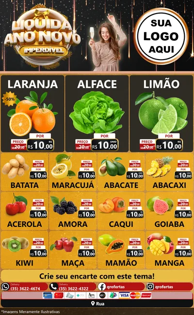 Modelo de Encarte para Encarte Grande com o tema Liquida Ano Novo Imperdível para Hortifrúti