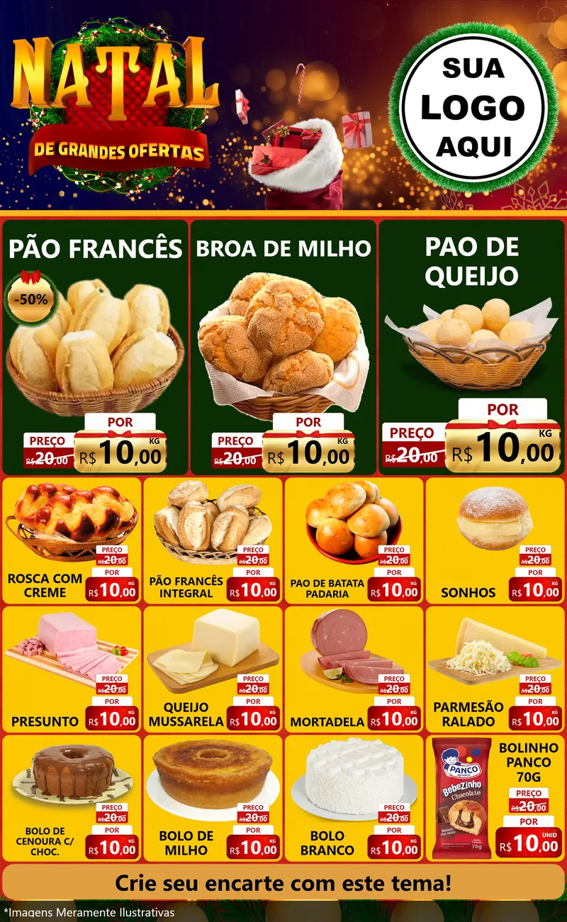 Modelo de Encarte para Encarte Grande com o tema Natal de Grandes Ofertas para Padaria