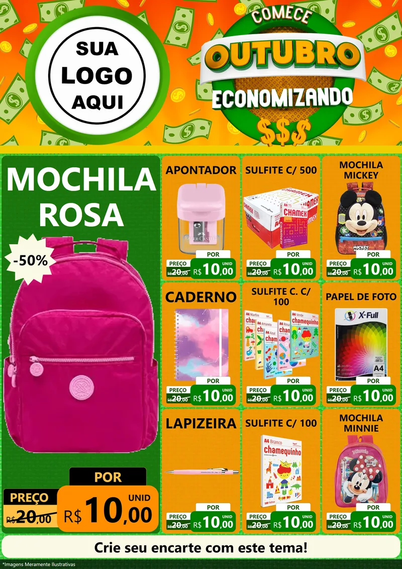 Modelo de Encarte para Encarte A4 Vertical com o tema Comece Outubro Economizando para Papelaria