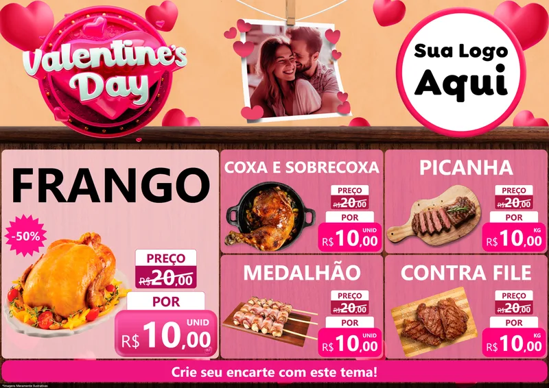 Modelo de Encarte para Encarte A4 Horizontal com o tema Valentine's Day para Assados
